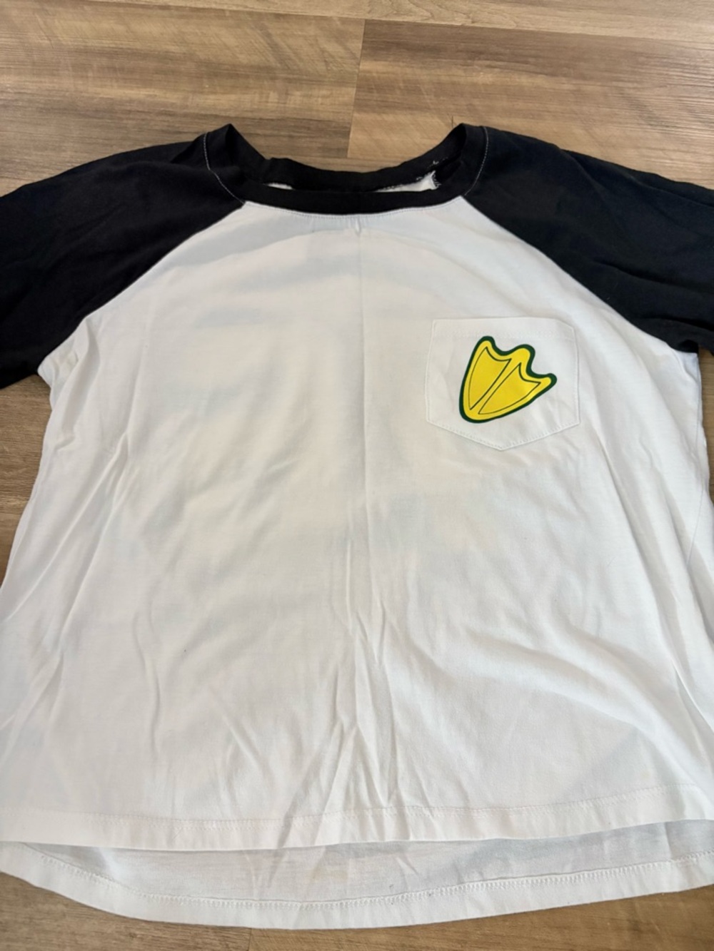 Recycled Karma White & Black Raglan Tee with Yellow Pocket Graphic
